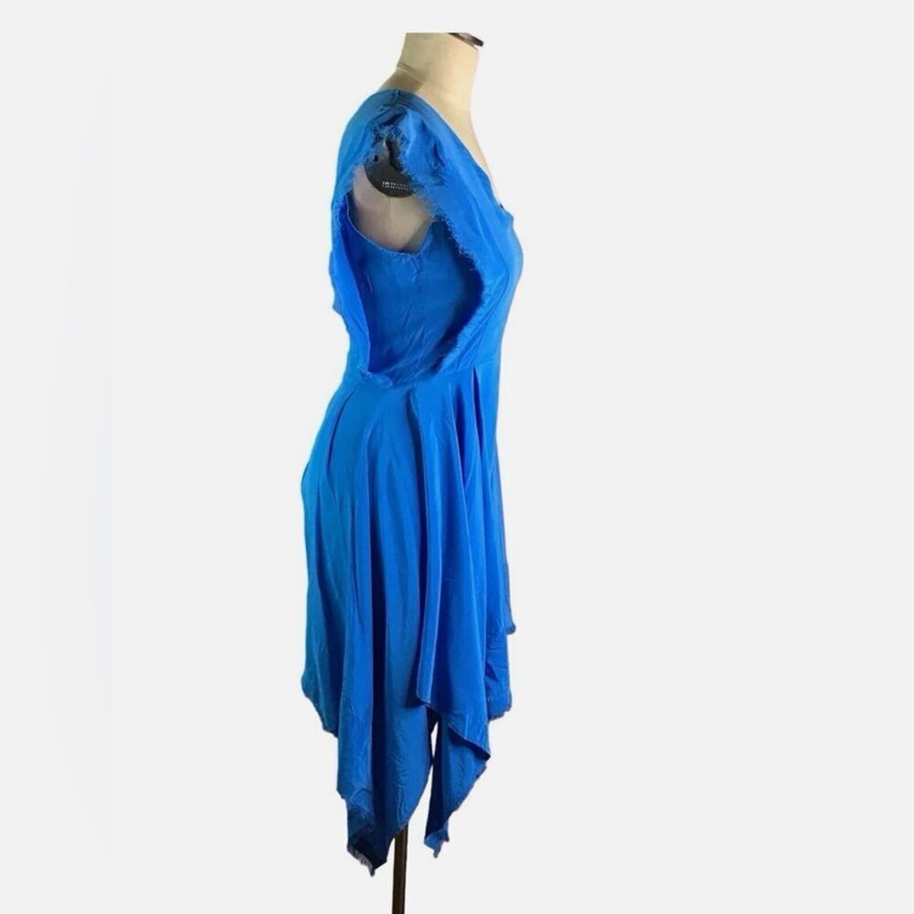 ✨Sandro Rodia✨ 100% Silk Blue Turquoise Frayed Handkerchief Hem Dress - Picture 2 of 9